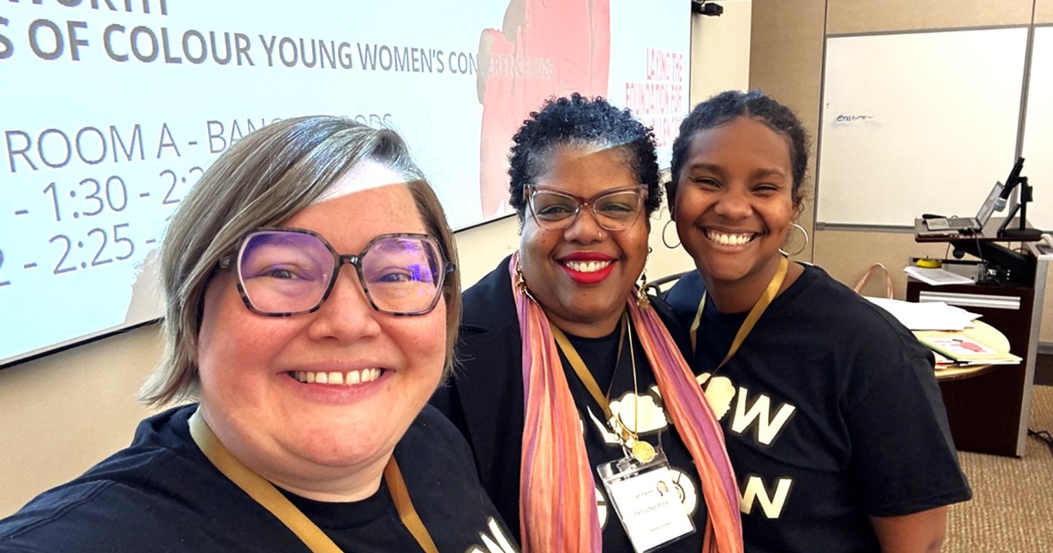 Assistant Chief Diversity Officer Heather Jones-Brown, Assistant Professor and Cultural & Community-based Digital Curator Petrouchka Moïse, and student Rayana Henderson ‘26 
