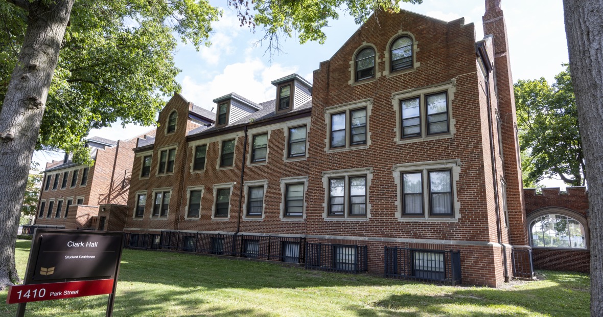 Clark Hall is a three-story brick building.