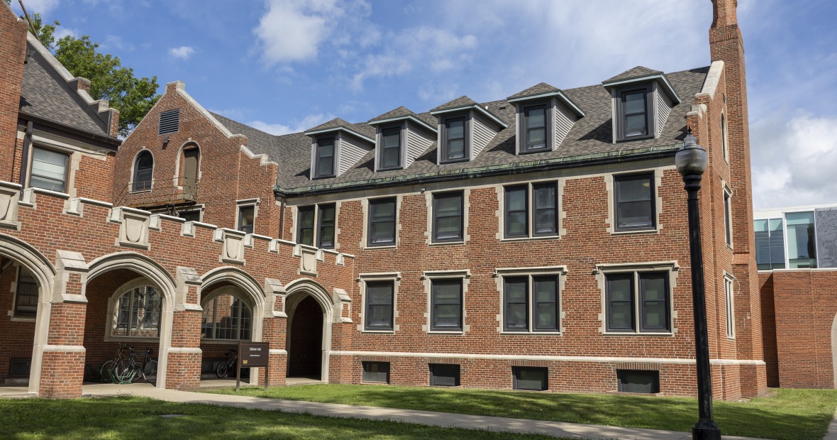Dibble Hall is a three-story brick building.