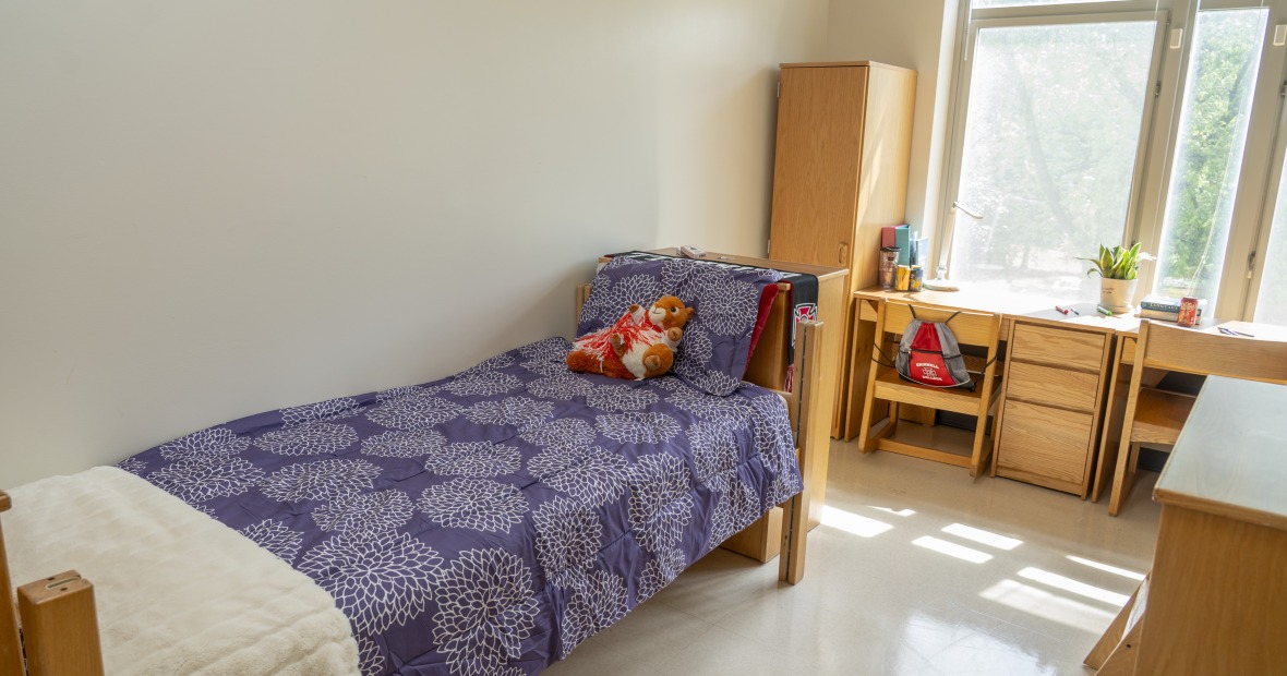 A view of one half of a double bedroom with a large window, bed, desk, and dresser.