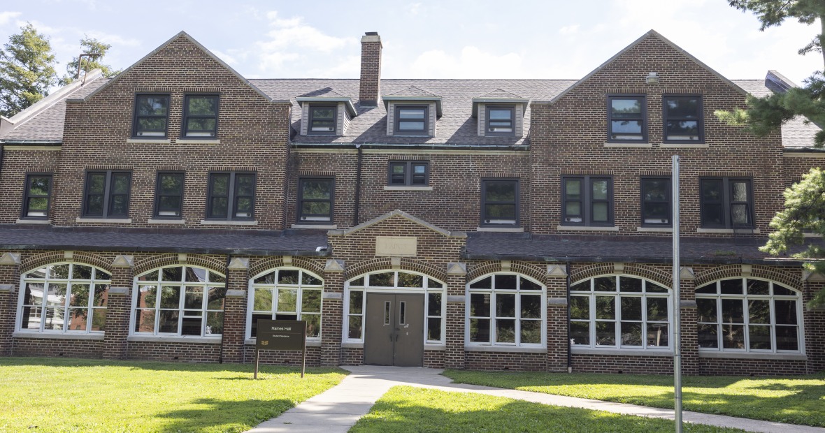 Haines Hall is a three-story brick building.