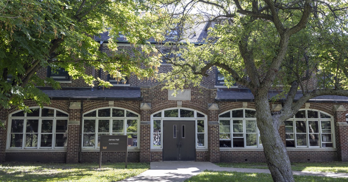 James Hall is a three-story brick building.