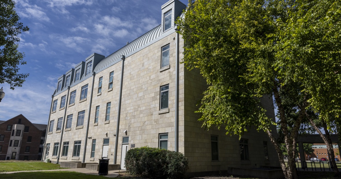 Lazier Hall is a four-story concrete building.