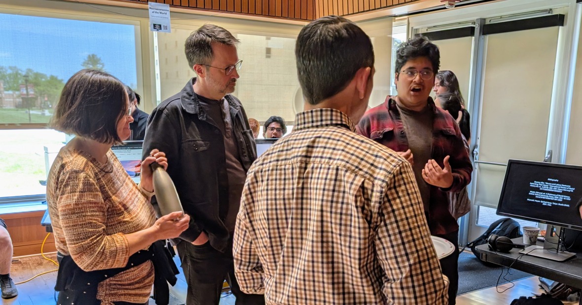 A student describing a video essay assignment in Professor Erik Simpson's English class