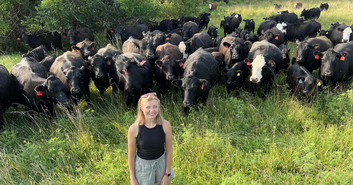 student with cows in the background