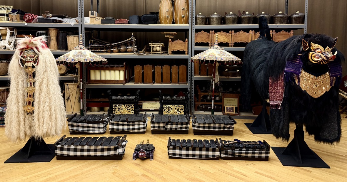 Regalia and instruments from Bali to be used in the Sounds of Collective Motion course.