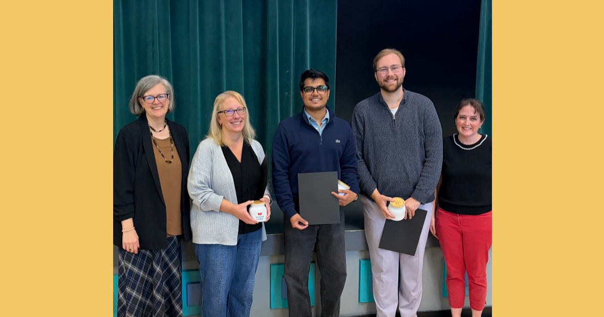 Celebrating the Fall 2026 Grand Grinnellian Award recipients. Pictured from left: Grinnell College President Anne F. Harris; award recipients Amy Anderson, Abheshek Gaur, and Will Luebke; and Staff Council President Jane Mertens.