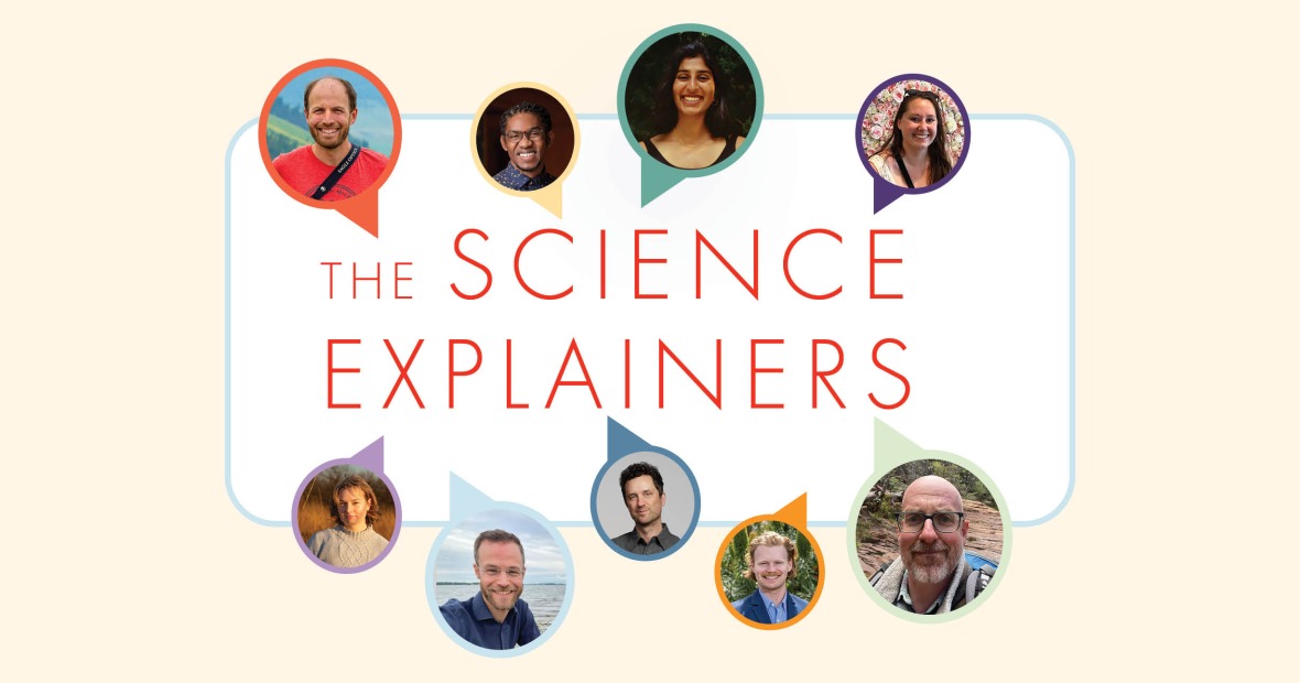 A colorful graphic features nine adults in circular frames arranged around the text "The Science Explainers" in bold red letters.