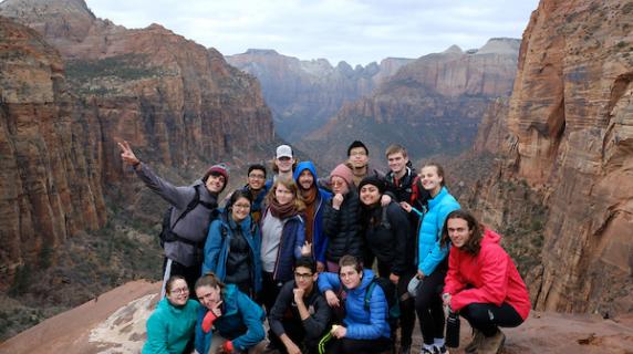 Students from extreme sports club pose in Utah
