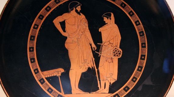 Silhouhette of a man and woman on an ancient Greek piece of pottery