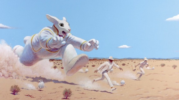 Illustration of a giant rabbit in a white uniform chasing a man across the desert