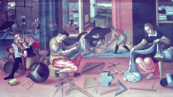 16th-century painting showing people doing different kind of measuring and the tools for it