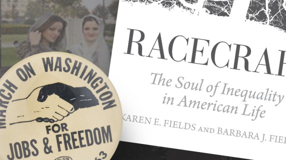 A collage showing a 1963 "March on Washington for jobs and freedom" button and part of a book cover with the title "Racecraft" over historic images of people of color