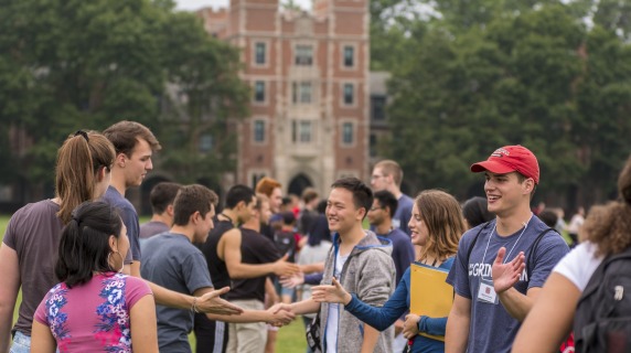 New Student Orientation - many students together in front of Gates Tower