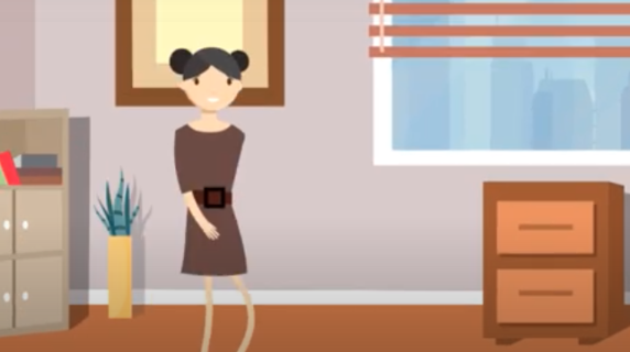Cartoon view of a young woman walking into a room