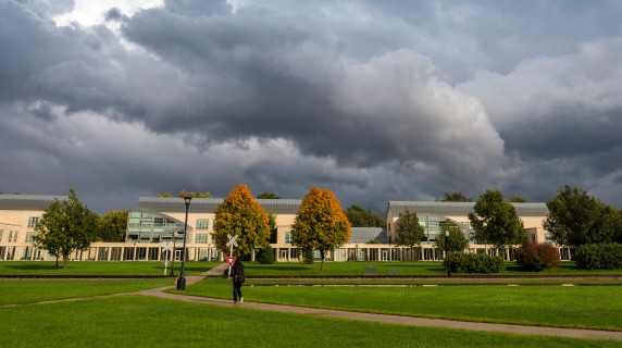 storm clouds over east campus dorms at Grinnell College