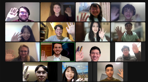 Smiling students on a Zoom screen