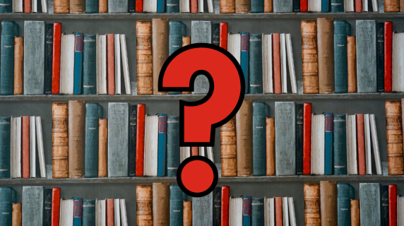 Shelves of books with question mark in the center