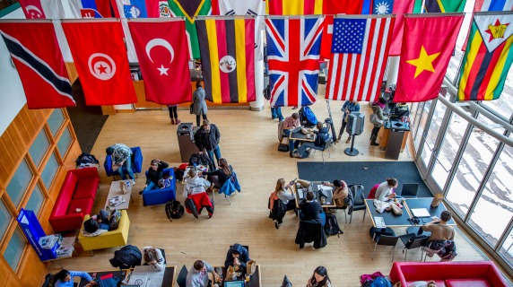 Flags in the on-campus grille.