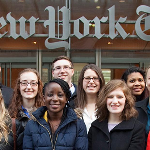 Students in front of New York Times building