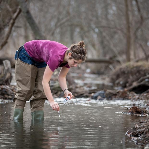 student collects water samples from creek