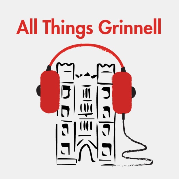 All Things Grinnell logo with headphones on gates tower