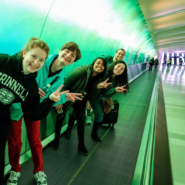 Students on people mover at Detroit airport