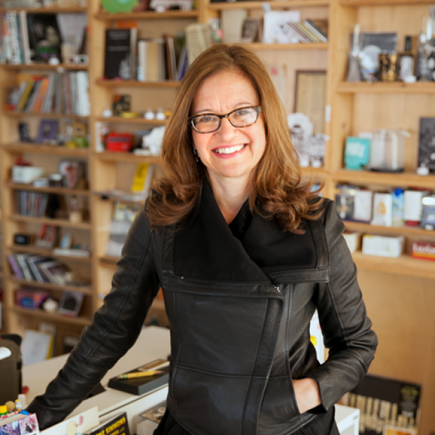 Anya Grundmann stands in front of Tiny Desk