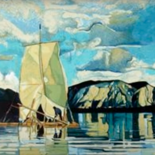 Print by Fran Bull showing a sailing raft on a lake in a mountain landscape