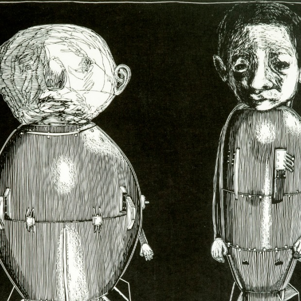 Print by Frances Jetter showing frontal view of two men presented as the World War 2 bombs "Fat Man" and "Little Boy".
