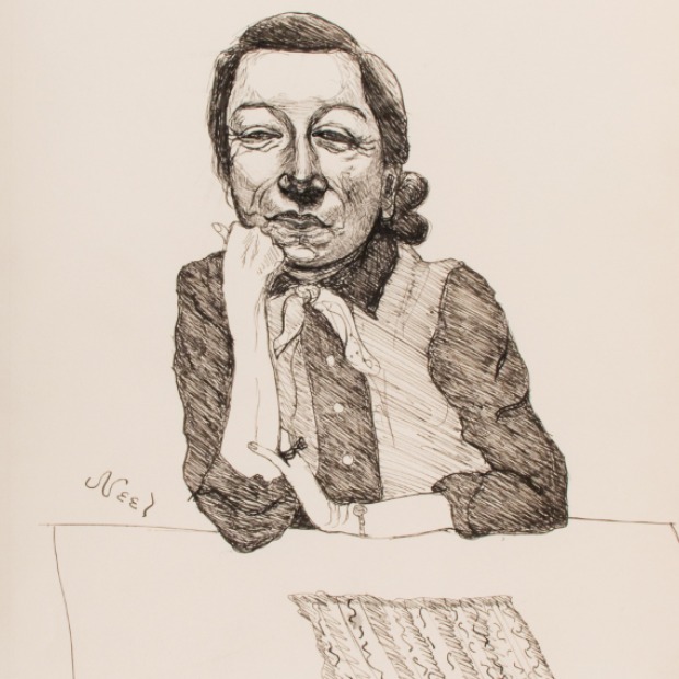 A drawing by Alice Neel depicting a woman at a table facing the viewer with her chin on her hand.