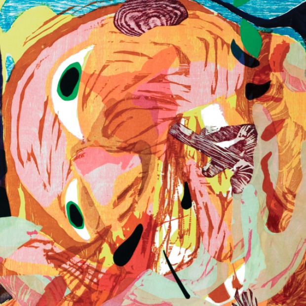 Print by Dana Schutz depicting a highly abstracted face appearing to be biting itself