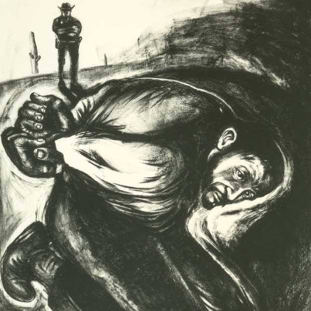 Print by Sue Coe showing a subdued man in the foreground and an officer in the background