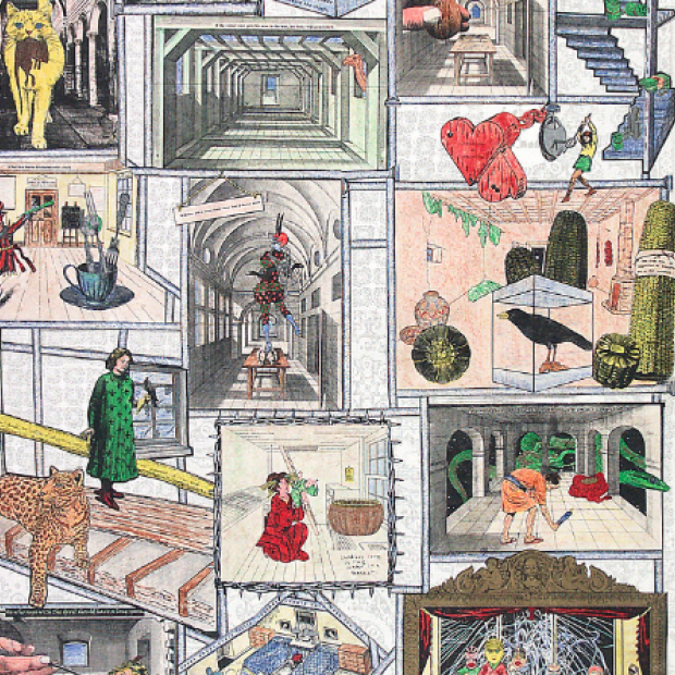 Color print by Jane Hammond, showing a cross section of a house with figures in different rooms