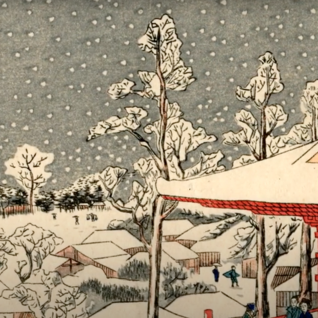 Japanese woodblock print showing a winter scene with trees in the snow