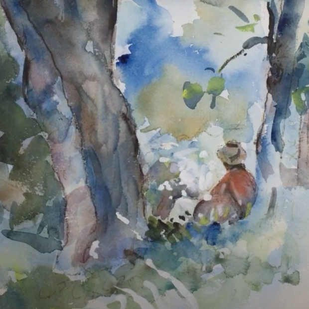 Watercolor showing a figure under a tree, seen from behind