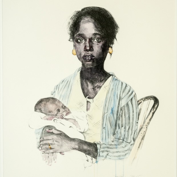A half-length seated portrait of a black woman holding an infant