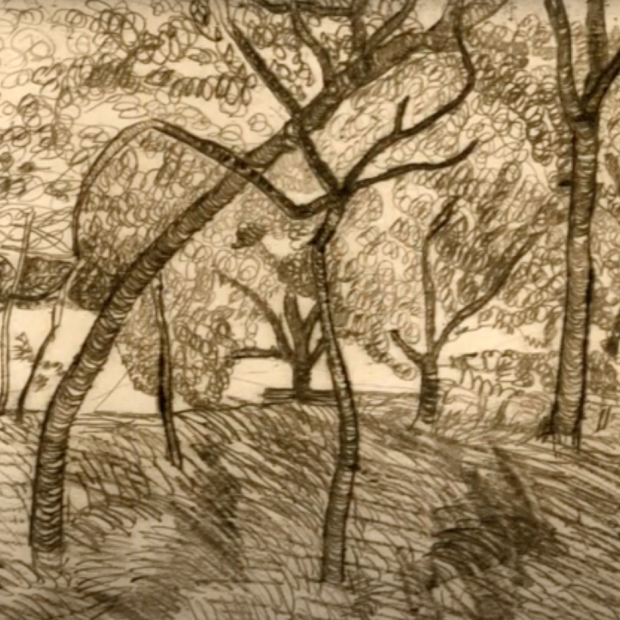 Print in brown ink showing trees in a landscape