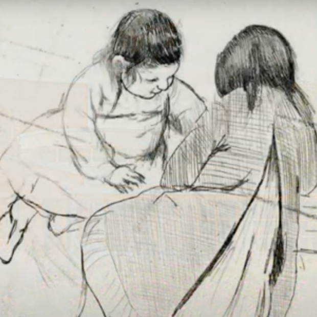Detail of drawing by Mary Cassatt showing two girls playing in a sandbox.