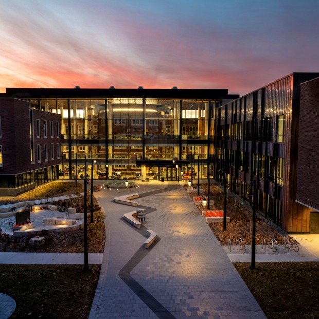 The Humanities and Social Studies Center at night.