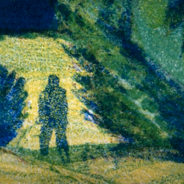 Figure silhouetted in a forest landscape