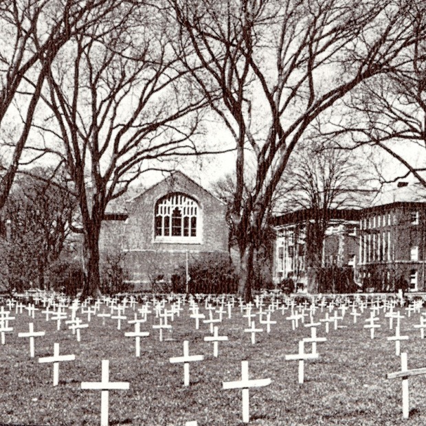 White crosses cover central campus in a B&W image