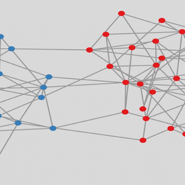 a random graph showing points scattered around and connected by red lines and blue lines