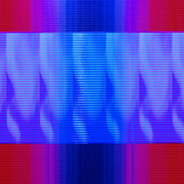 Matthew Kluber's digital collage of blue screen patterns, a horizontal bright blue against a vertical deeper blue in a cross shape, set against a vibrant red background.