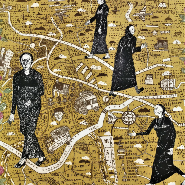 An etching by Arpita Singh showing four figures in robes walking in different directions along a map of winding paths. 