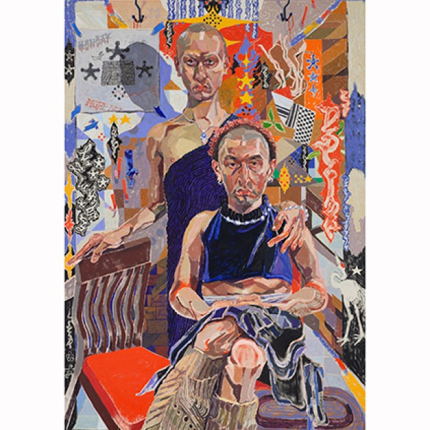 Portrait of two people one standing and one seated, facing the viewer, in front of a colorful background
