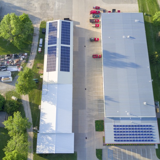 FM office and warehouse buildings topped with solar arrays