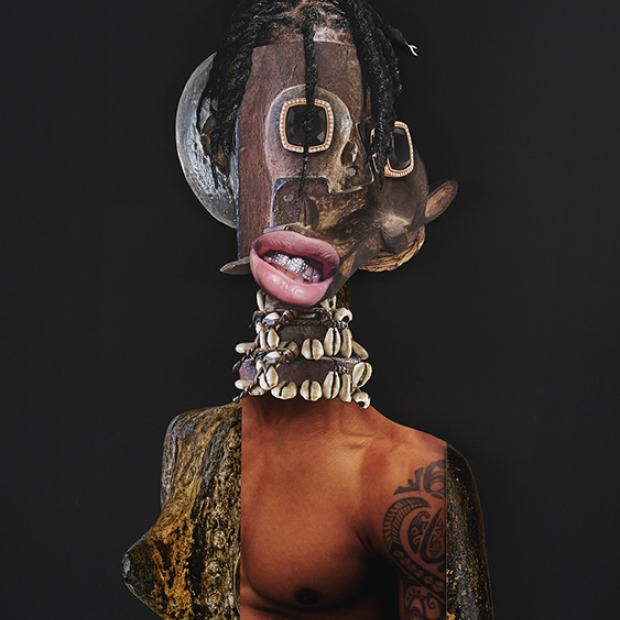 Detail of collage by Rashaad Newsome, Showing a bust-length human Black figure combined with African statuary head.