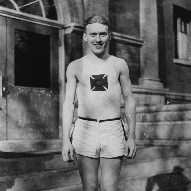 Morgan Taylor in his track uniform with the Honor G on the chest