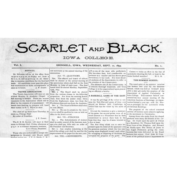 First issue of the Scarlet and Black, Iowa College, dateline Grinnell, Iowa, Wednesday, Sept. 12, 1894